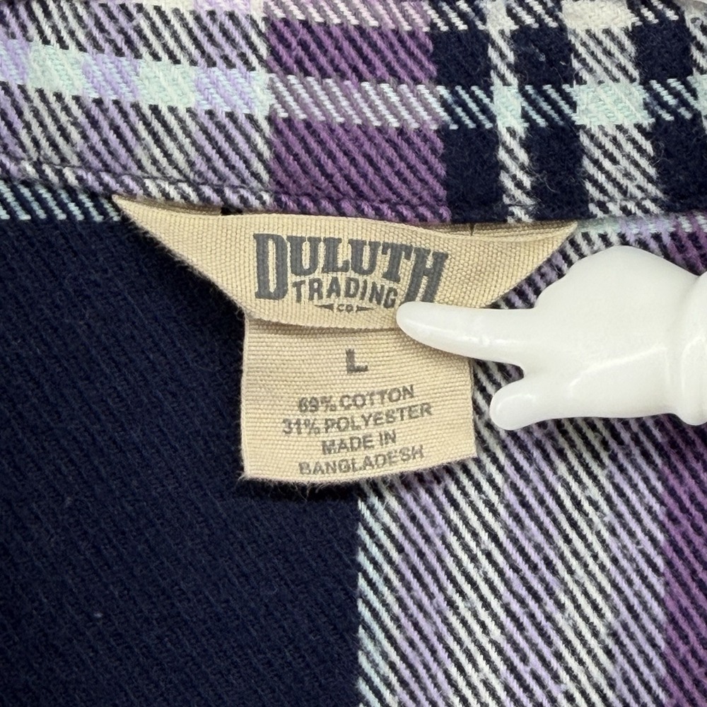 Duluth Trading Flannel Shacket Women Size Large Purple Plaid Long Sleeve Cottage - Picture 3 of 10